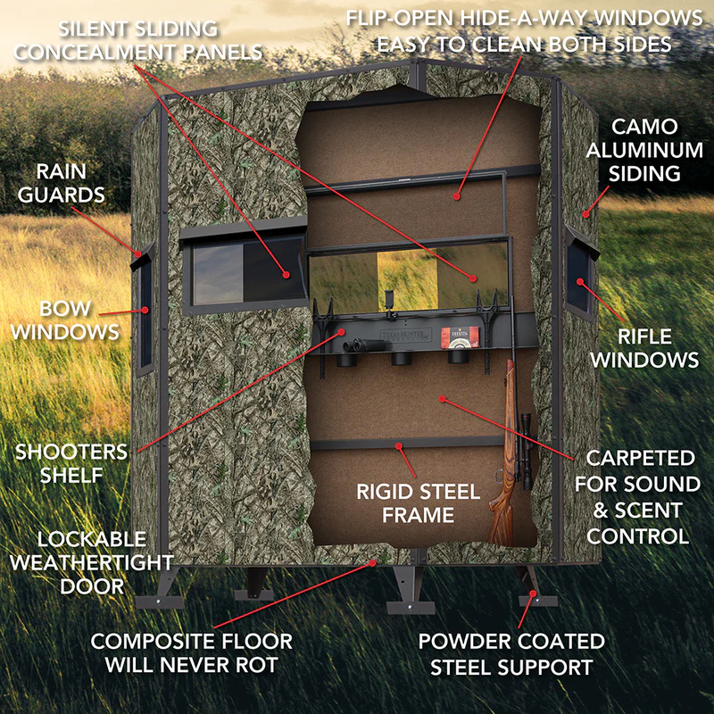 Texas Hunter Wrangler Rifle Octagon Shaped Camo Aluminum 5' x 7' Deer Blind with 8' Tower - Image 5